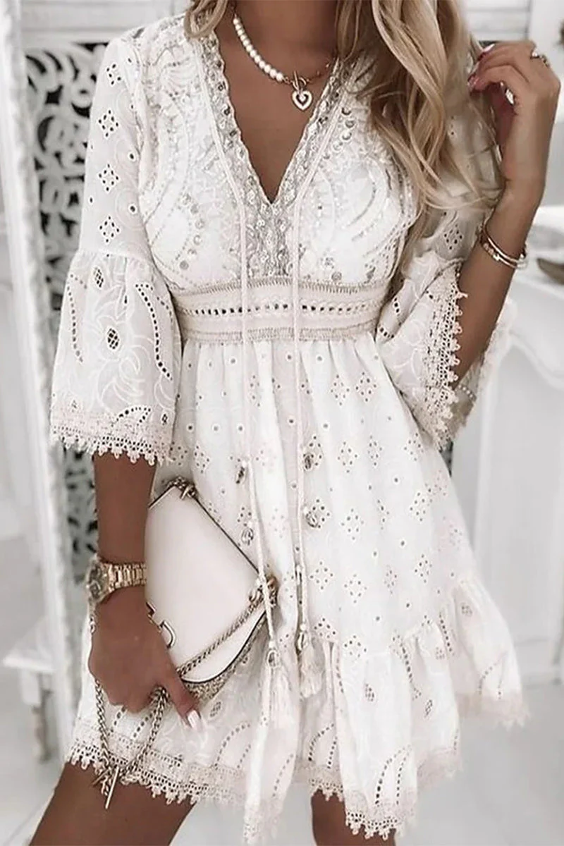 hulianfu - Sweet Elegant Solid Tassel Embroidered Hollowed Out V Neck A Line Dresses - Deanwangkt