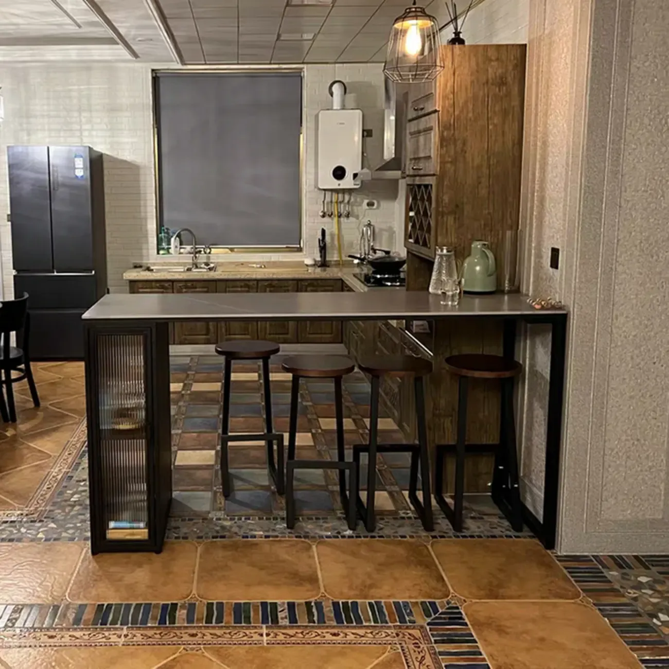 Modern Grey Stone Metal Base Storage Bar Tables for Kitchen