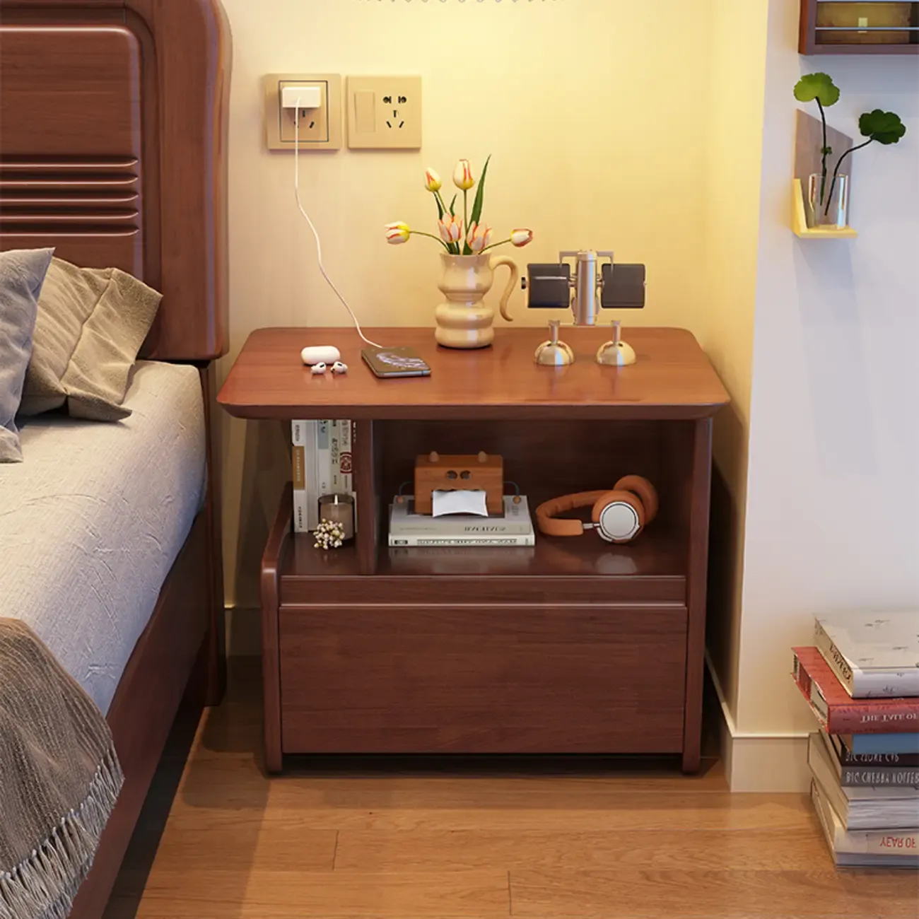 Classic Wooden Nut-Brown Nightstand with Drawer & Shelf