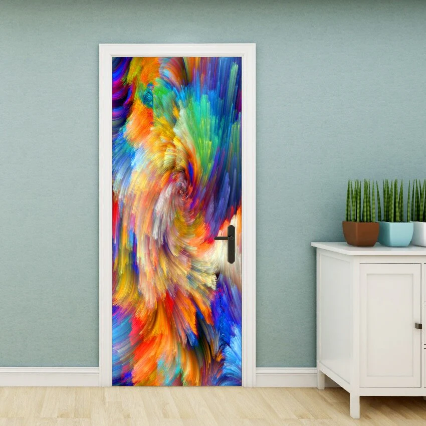 HULIANFU PVC Material Self-adhesive Door Stickers Art Colorful Light Tie-dye Blooming Abstract Home Decor Poster Door Decoration Stickers - Deanwangkt