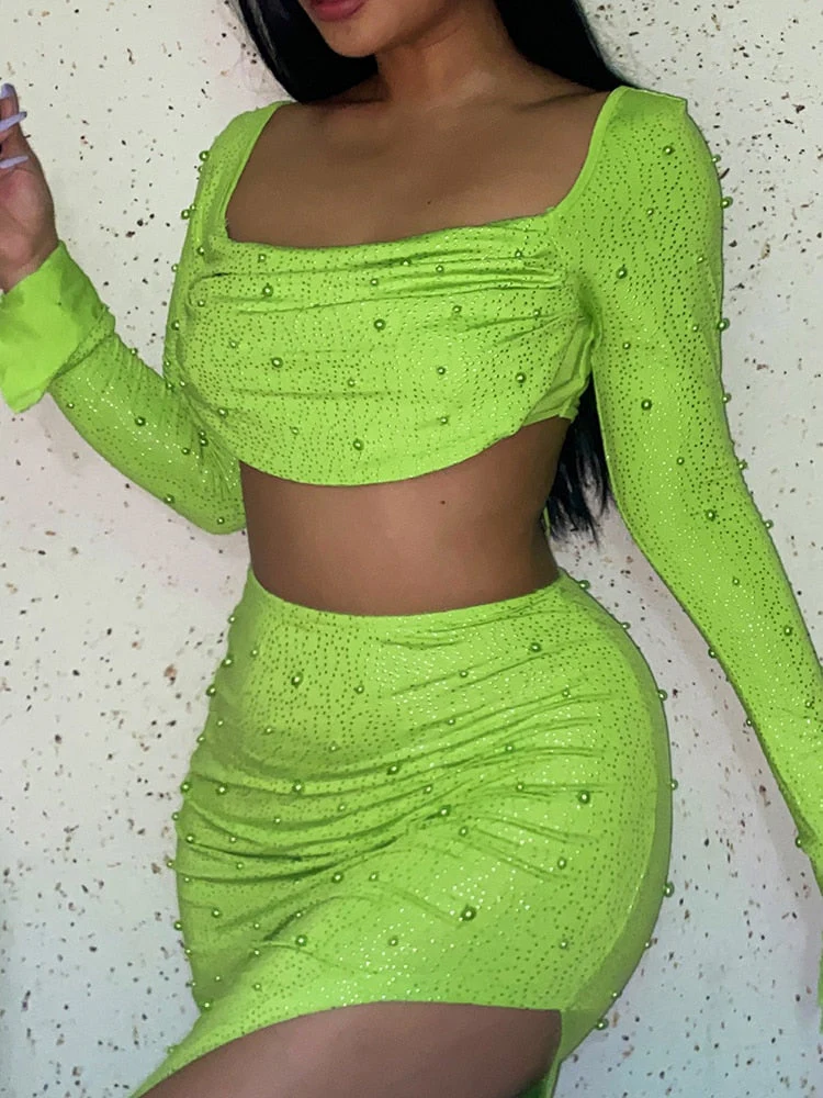Hulianfu Autumn Pearl Diamonds Suit Women Two Piece Set Folds Polo-Neck Cropped Top Split Long Skirts Outfits Vacation Party - Deanwangkt