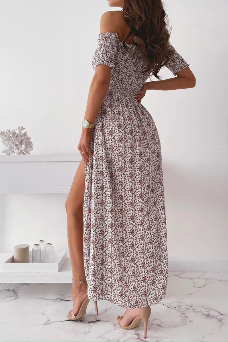 hulianfu Elegant Floral Slit Fold Off the Shoulder Waist Skirt Dresses(5 Colors) - Deanwangkt