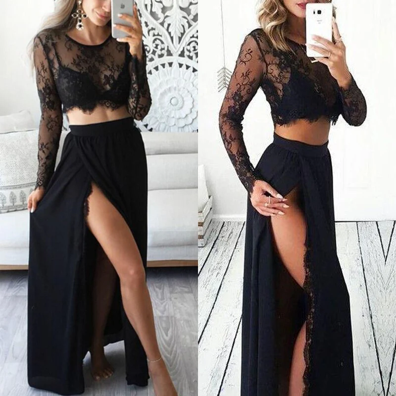 2 piece set women Women Sexy Dresses Long Sleeve black casual Lace see through slip dress Ladies Beach Dress two piece set - Deanwangkt