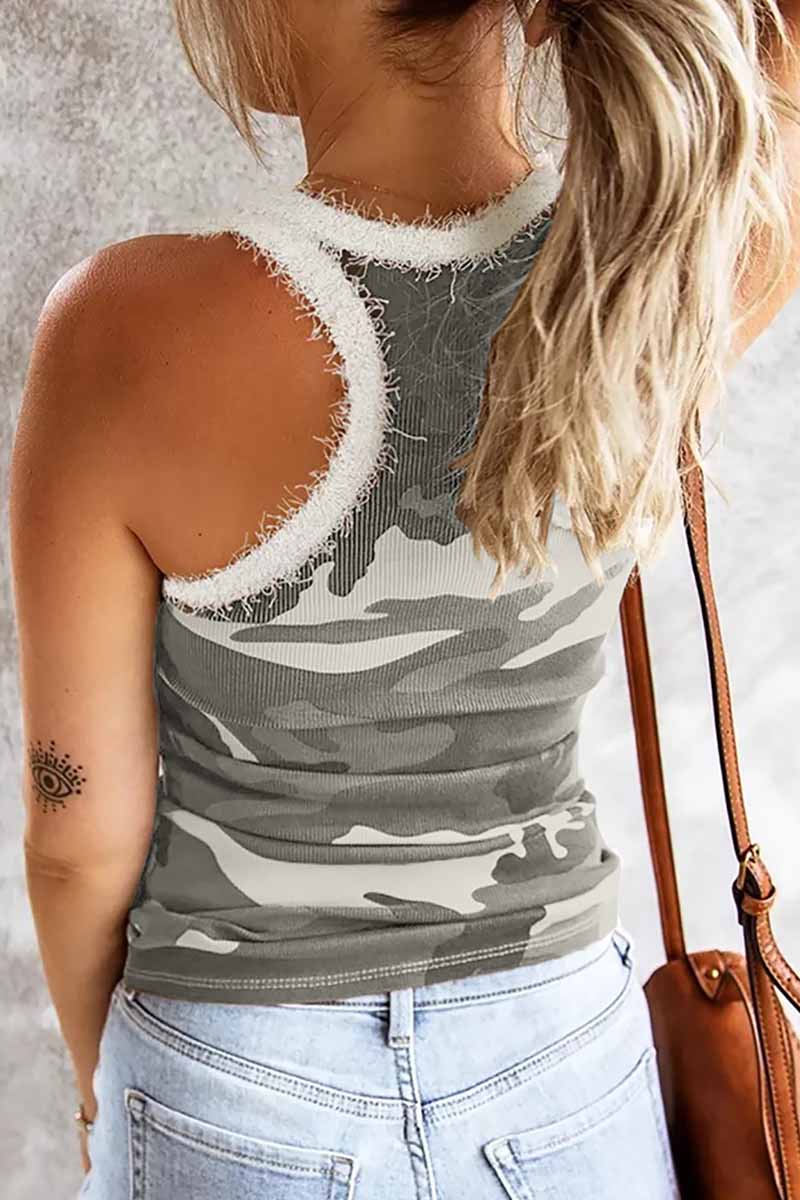 hulianfu Camouflage Stitching Plush Neckline Tops(3 colors) - Deanwangkt