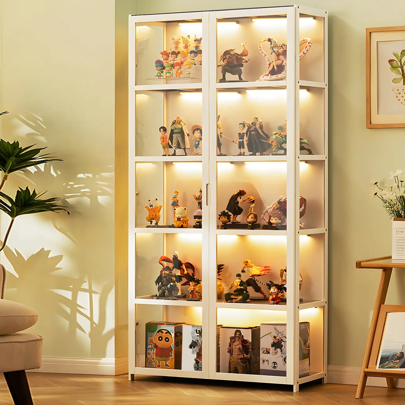 White Modern Bamboo Clear Figure Curio Cabinet