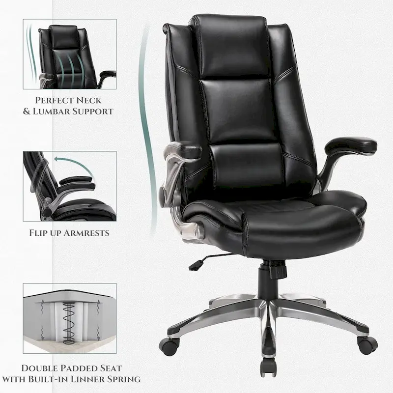 Leather Executive Office Chair- High Back Home Computer Desk Chair with Padded Flip-up Arms, Adjustable Tilt Lock