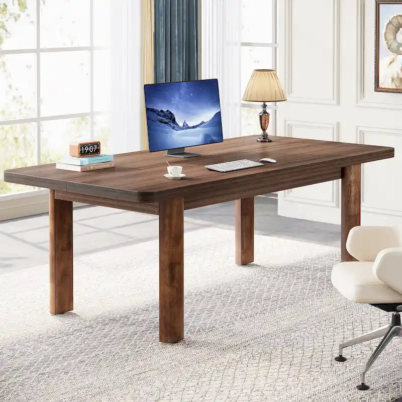 63 Large Office Computer Desk, Executive Desk with Solid Wood Legs