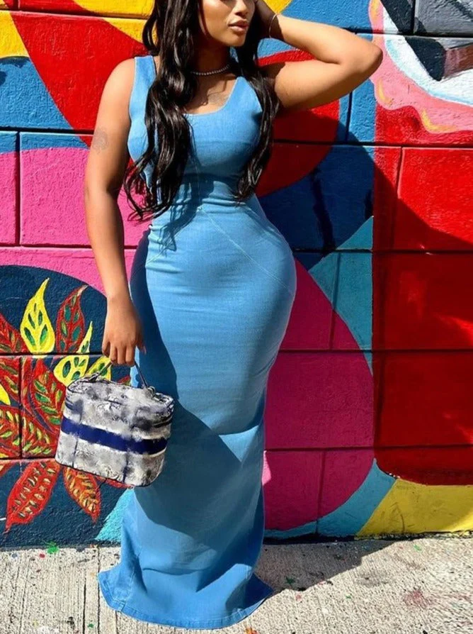 Blue Denim Maxi Dresses Women Spaghetti Strap Low Cut Backless Zipper Split Bodycon Dress Summer  Harajuku Streetwear - Deanwangkt