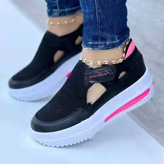 Women's Slip-Ons Pink Shoes Plus Size Platform Sneakers Outdoor Daily Summer Platform Round Toe Sporty Casual Walking Shoes Polyester Synthetics Magic Tape Solid Color Black Pink Red - Deanwangkt