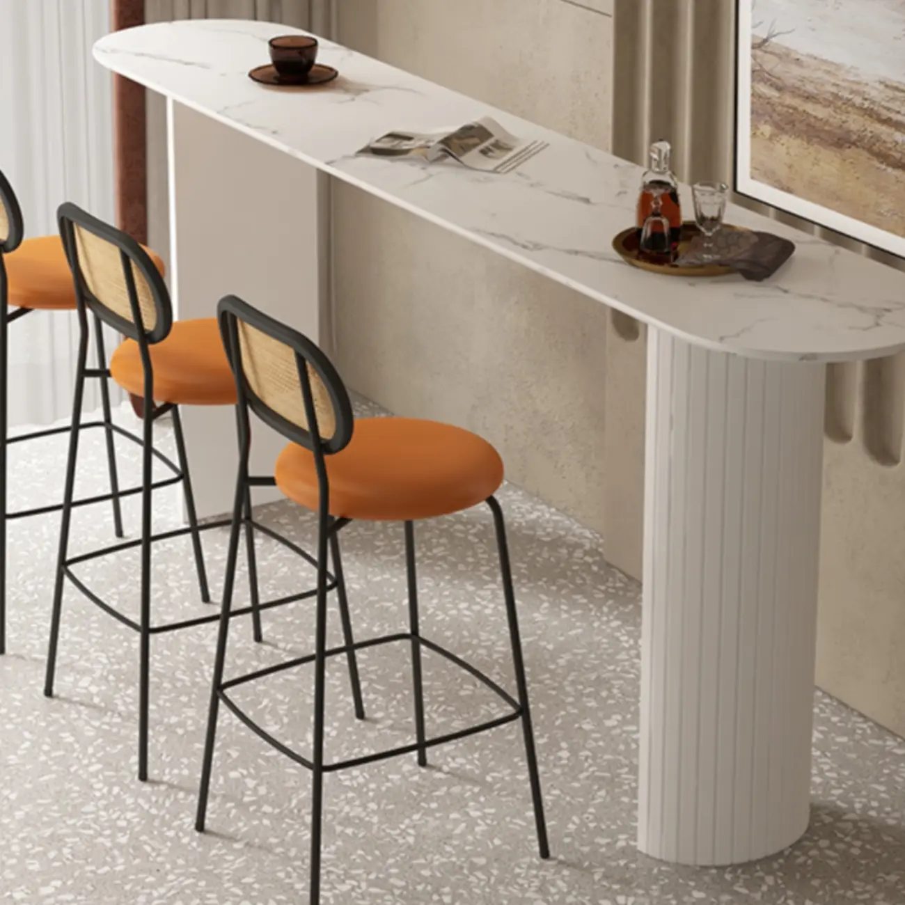 Scandinavian Oblong Black Stone Ribbed Steel Bar Tables