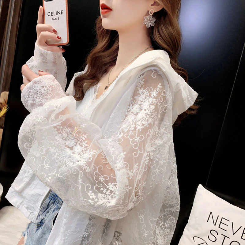 Hulianfu Basic Jackets Women Lace Hollow Out Elegant Sun-proof Summer Vacation Simple All-match Mujer Loose Leisure Thin Korean Fashion - Deanwangkt