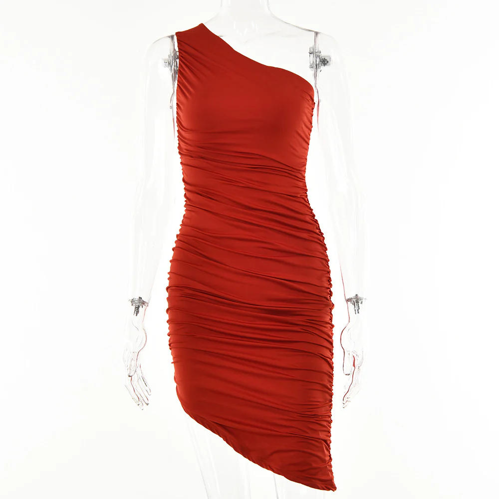 2025 hot-selling fashion and sexy irregular slanted shoulder skirt  summer new solid color backless pleated dress - Deanwangkt
