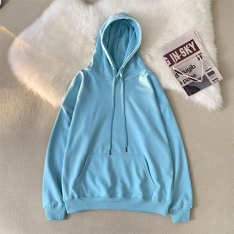 hulianfu Woman's Sweatshirts Solid Drop Shoulder Korean Female Hooded Pullovers  Thicken Warm Oversized Hoodies Women - Deanwangkt