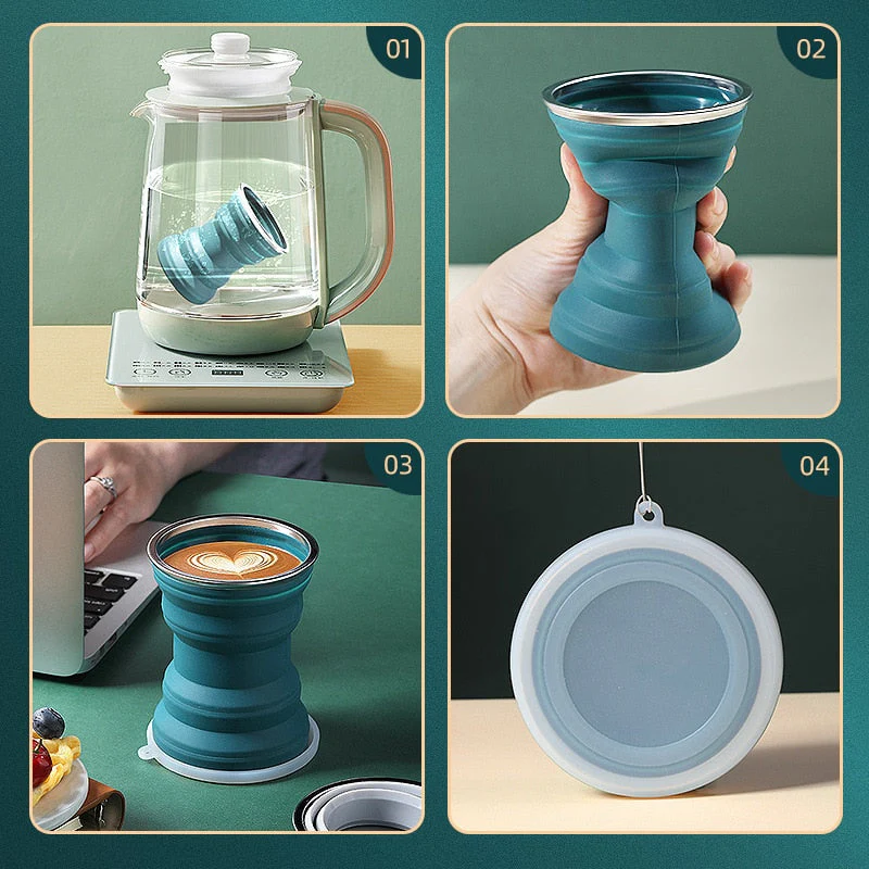 HULIANFU Portable Silicone Folding Water Cup Outdoor Heat Resistant Foldable Mug with Lid Collapsible Travel Drinking Cups for Camping - Deanwangkt