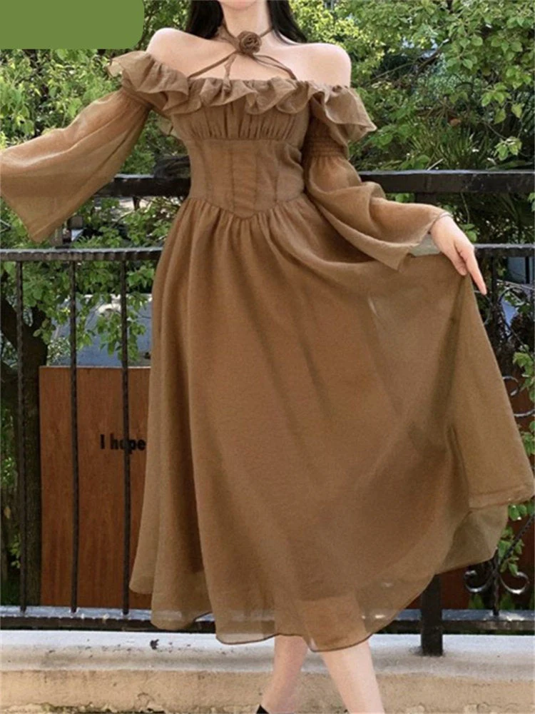 Hulianfu Fairycore Dress for Women 2026  Fashion Sweet Ruffle Slash Neck Backless Vintage Dress Elegant Long Sleeve Women Dress - Deanwangkt
