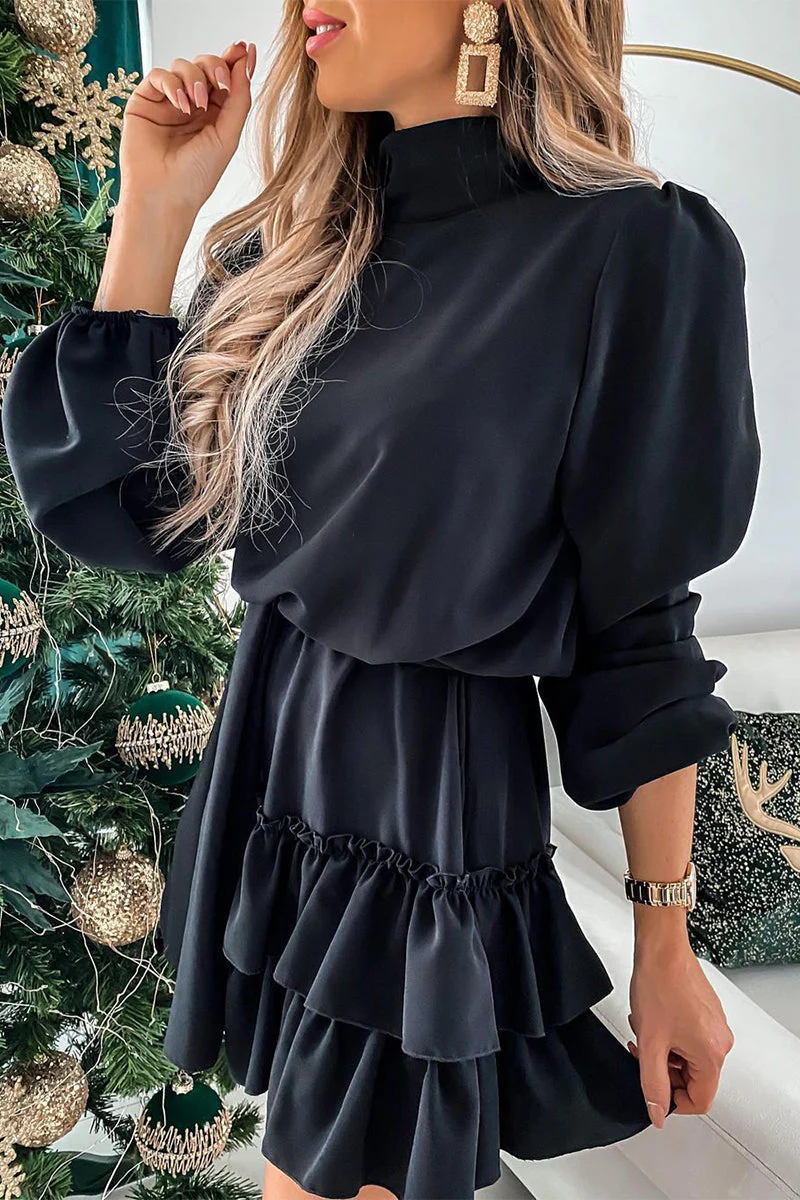 hulianfu Elegant Solid Flounce Half A Turtleneck Cake Skirt Dresses - Deanwangkt