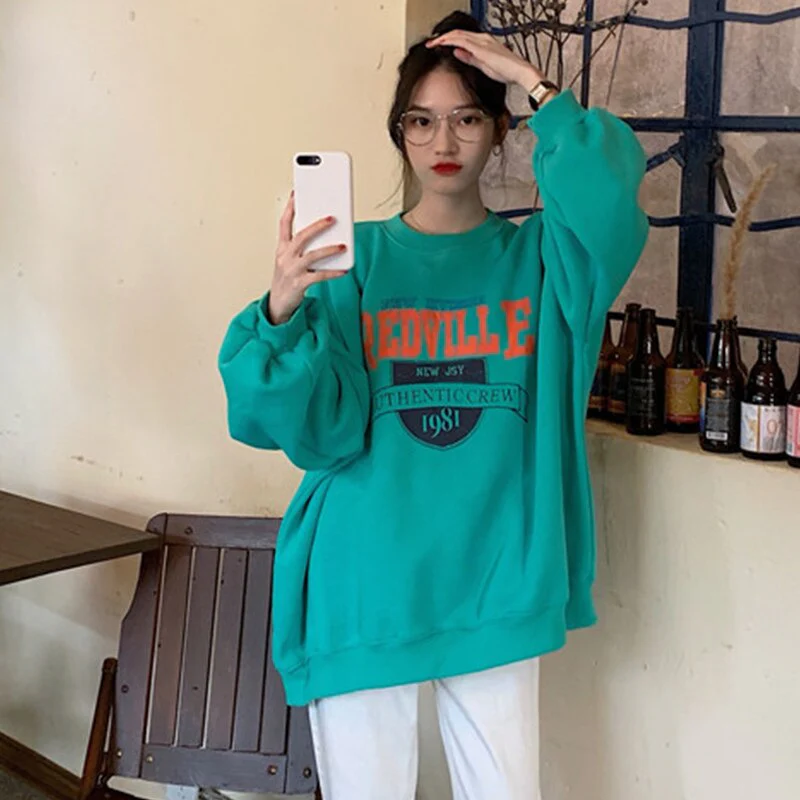 Autumn Women Fleece Letter Printed Pullover Sweatshirt Long Sleeve Casual Sports Lady Oversized Hoodie Korean Fashion - Deanwangkt