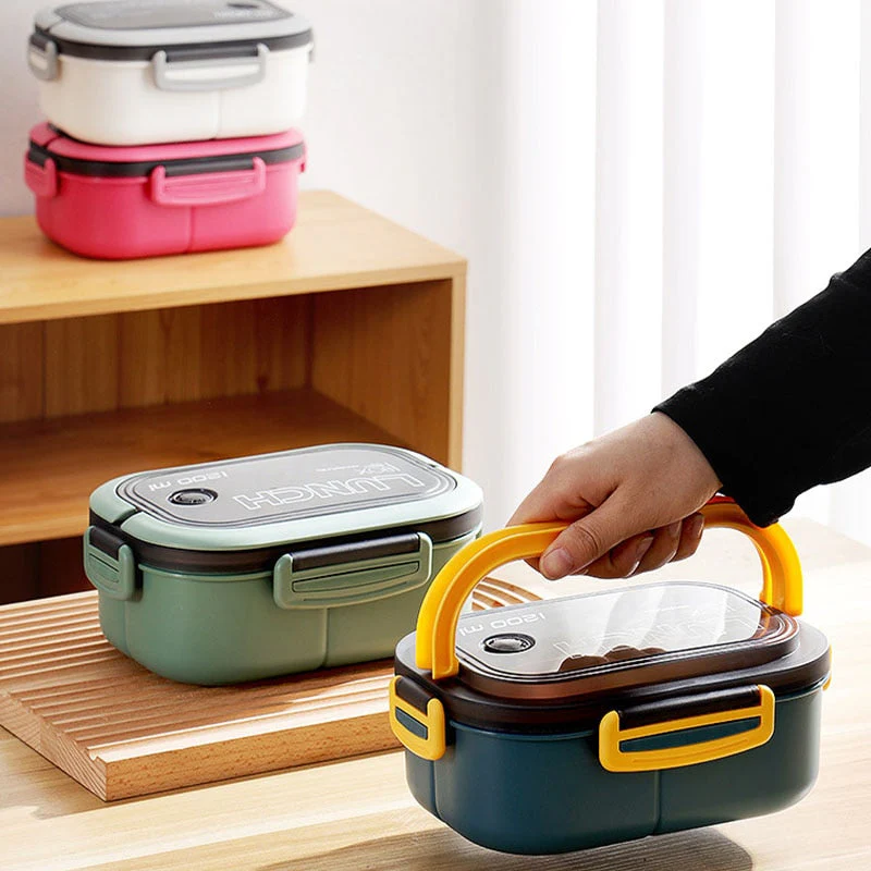 HULIANFU Portable Hermetic Lunch Box 2 Layer Grid Children Student Bento Box with Fork Spoon Leakproof Microwavable Prevent Odor School - Deanwangkt