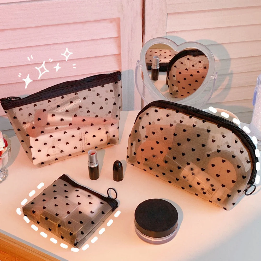 HULIANFU Mesh Cosmetic Makeup Bags Case Holder Cute Transparent Zipper Black Heart Printed Pencil Pen Case Pouch Convenient To Carry - Deanwangkt