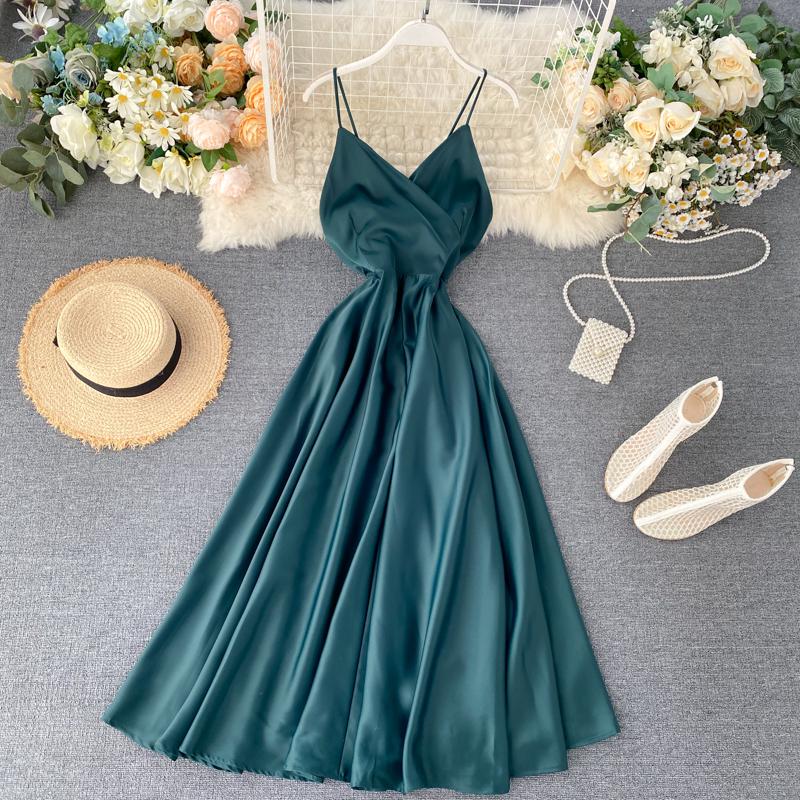 FTLZZ New Summer Women Sexy V Neck High Waist A-line Party Tank Sundress Elegant Bandage Bow Long Dress Vestidos Multicolour - Deanwangkt