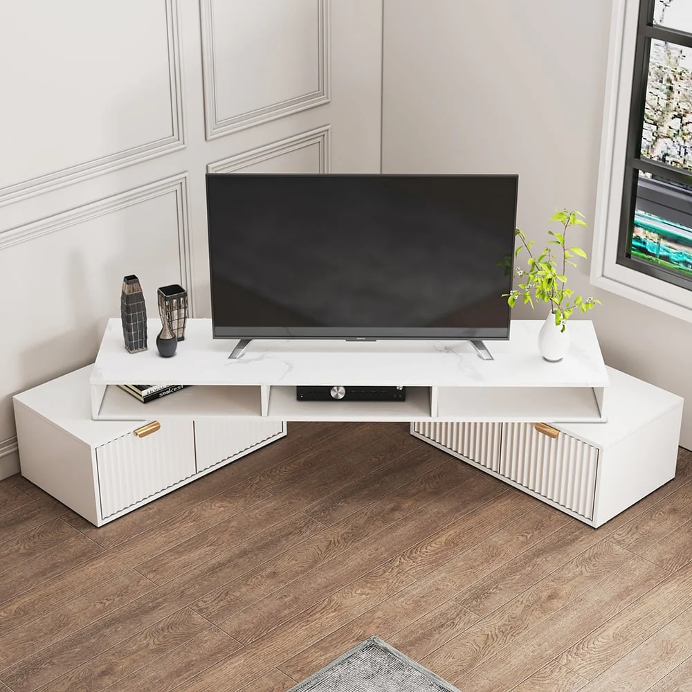 Modern White 2-Drawer Open Storage Corner TV Stand