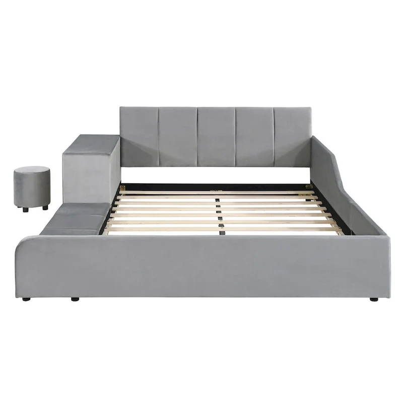 Upholstered Grounded Bed Mother & Child Bed with Bedside Desk and Little Round Stool