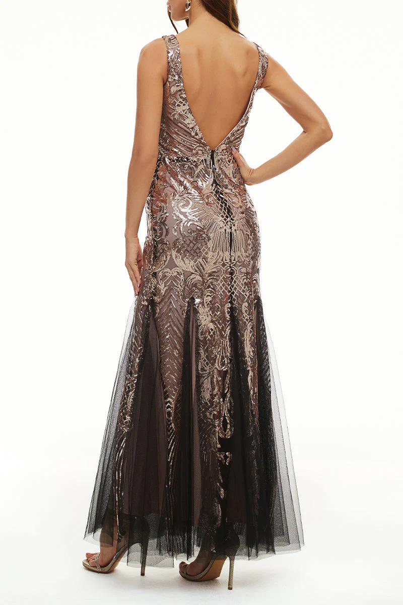 hulianfu Elegant College Patchwork Sequins V Neck Evening Dress Dresses - Deanwangkt