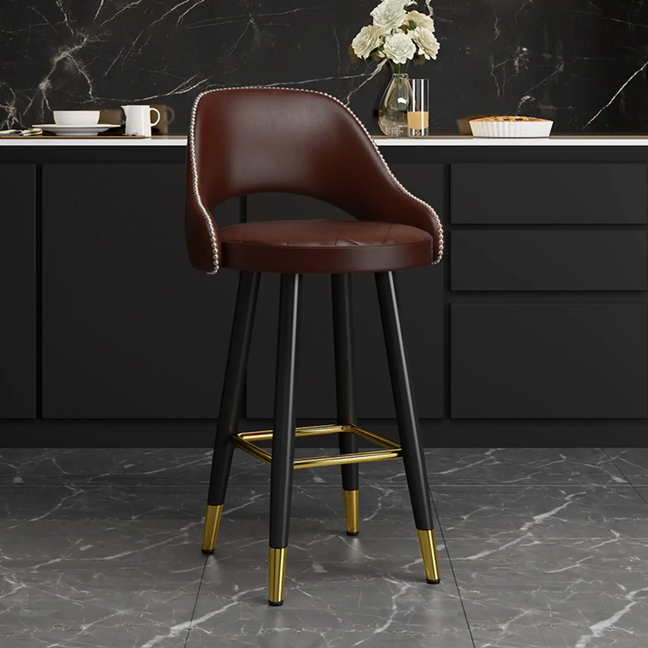 Modern Round Leather Curved Back Bar Stools