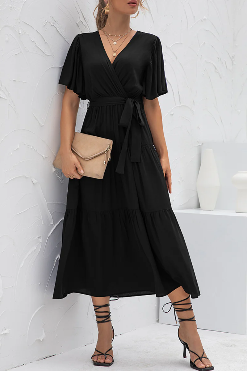 hulianfu Elegant Solid Patchwork With Belt V Neck Cake Skirt Dresses - Deanwangkt