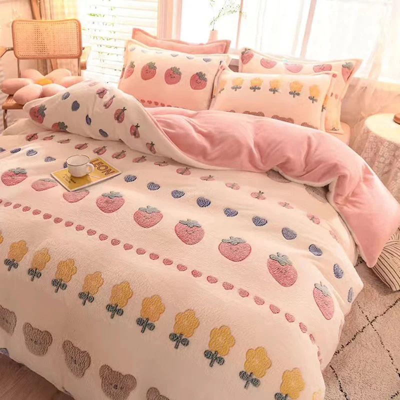HULIANFU  WOSTAR Cartoon printed velvet duvet cover set super soft cozy plush adult kids bedroom double bed quilt cover luxury bedding set - Deanwangkt