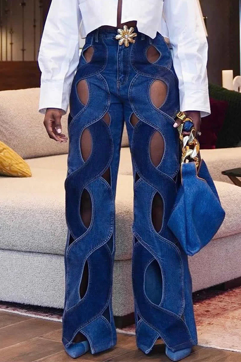 Street Solid Hollowed Out High Waist Straight Denim Jeans - Deanwangkt