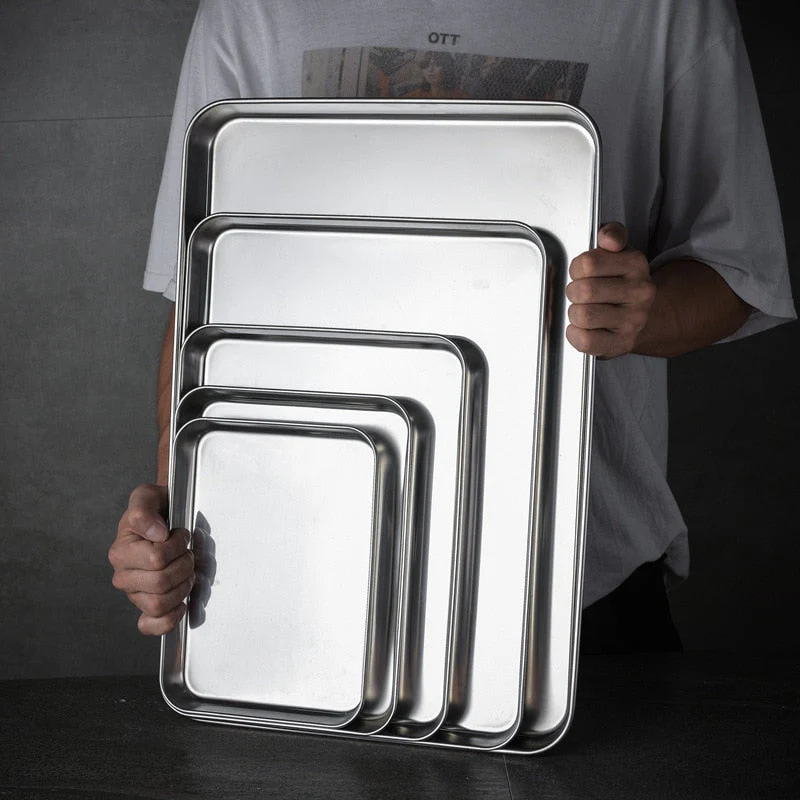 HULIANFU Stainless Steel Food Storage Trays Rectangle Steamed Sausage Fruit Pans Water Bread Kitchen Baking Shallow Dish Serving Plate - Deanwangkt