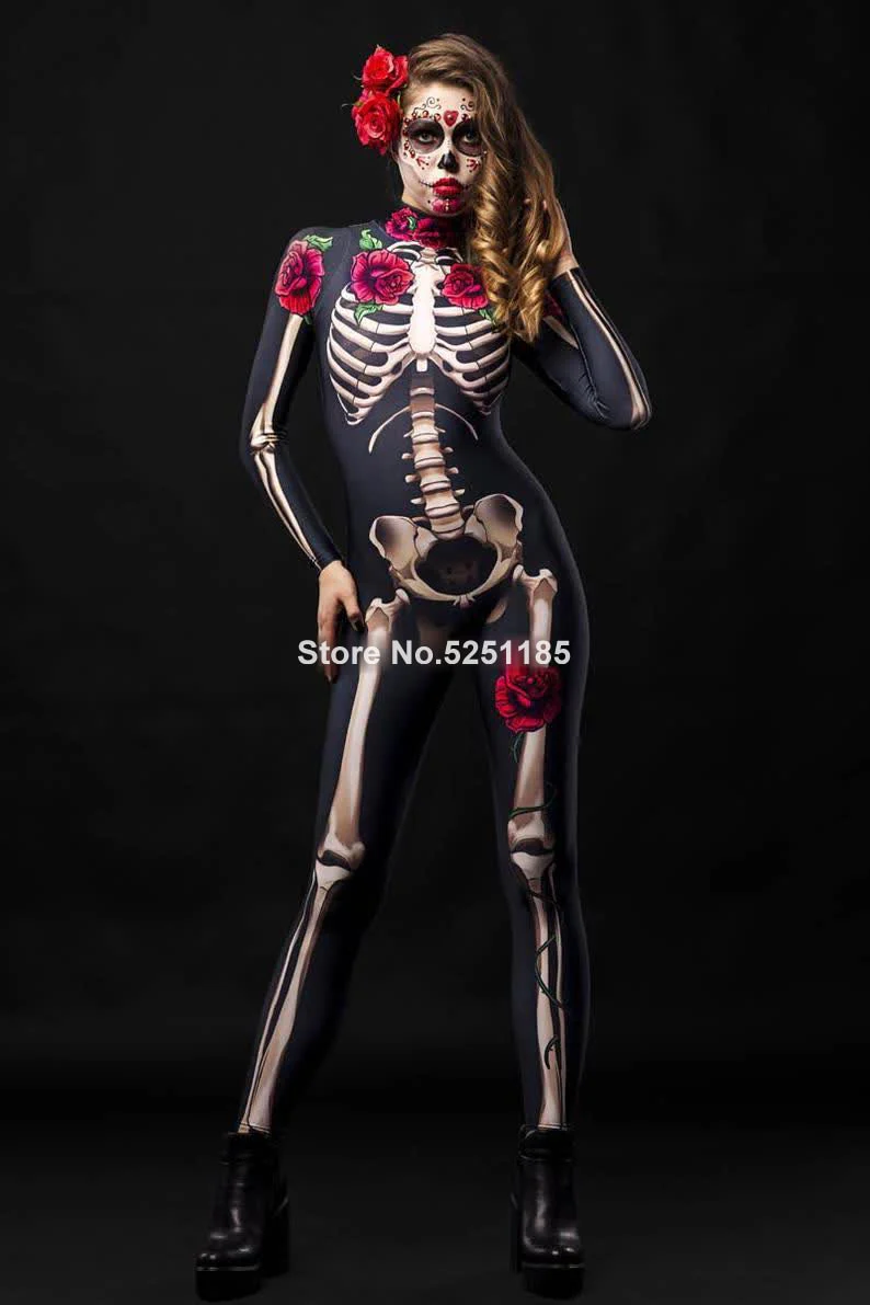 HULIANFU Women Cosplay Skeleton Rose Sexy Bodysuit Halloween Devil Ghost Specter Jumpsuit Romper Party Carnival Performance Scary Costume - Deanwangkt
