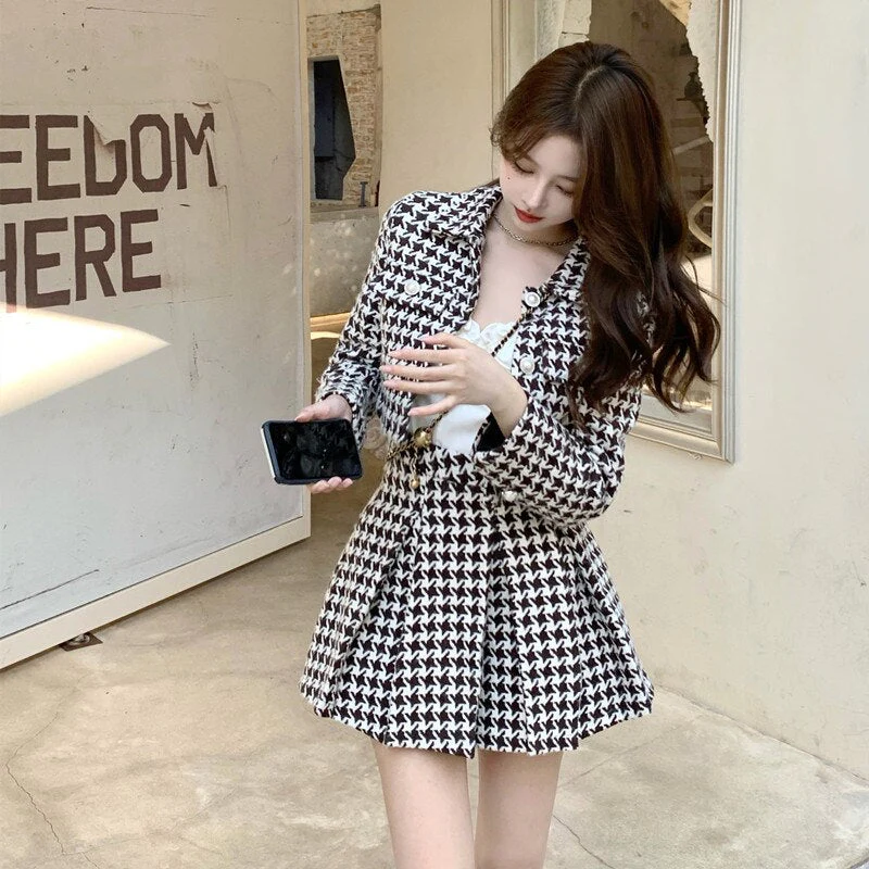 Women New Spring 2 Piece Matching Suits Long Sleeve Plaid Short Jacket&High Waist Pleated Mini Skirt Vintage 2pc Dress Sets - Deanwangkt
