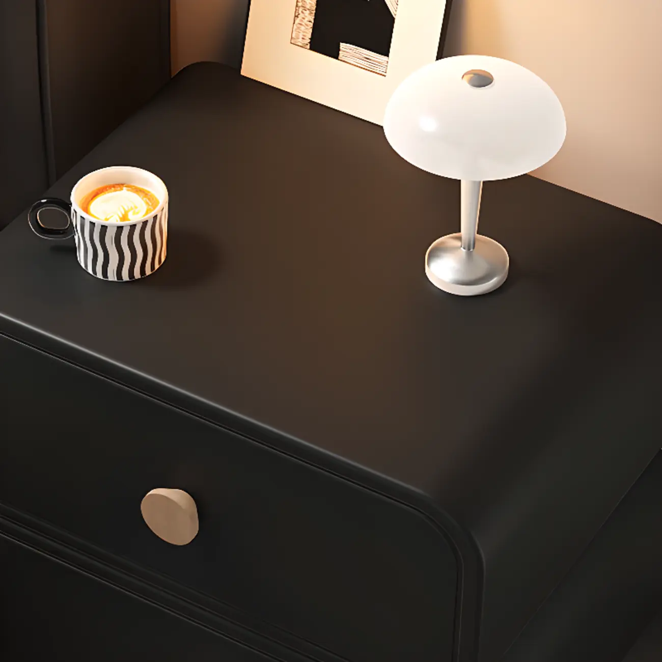 Solid Wood Leather-Top Black 2 Tiers Drawer Nightstand