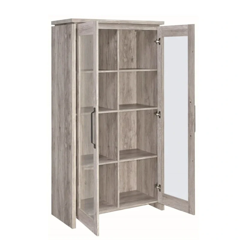 Spacious Wooden Curio Cabinet With Two Glass Doors, Gray