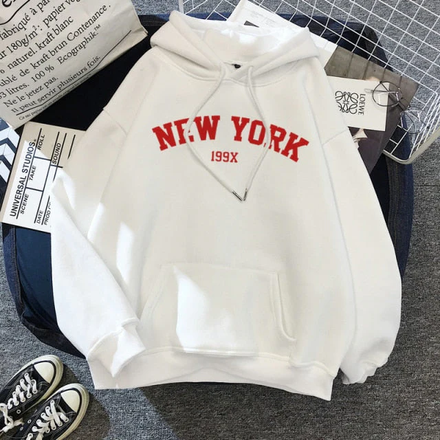 Female Thicken Warm Hoodies Lady Autumn Tops NEW Sweatshirts Velvet Winter Women's NEW YORK Printing Hooded Hoodies - Deanwangkt