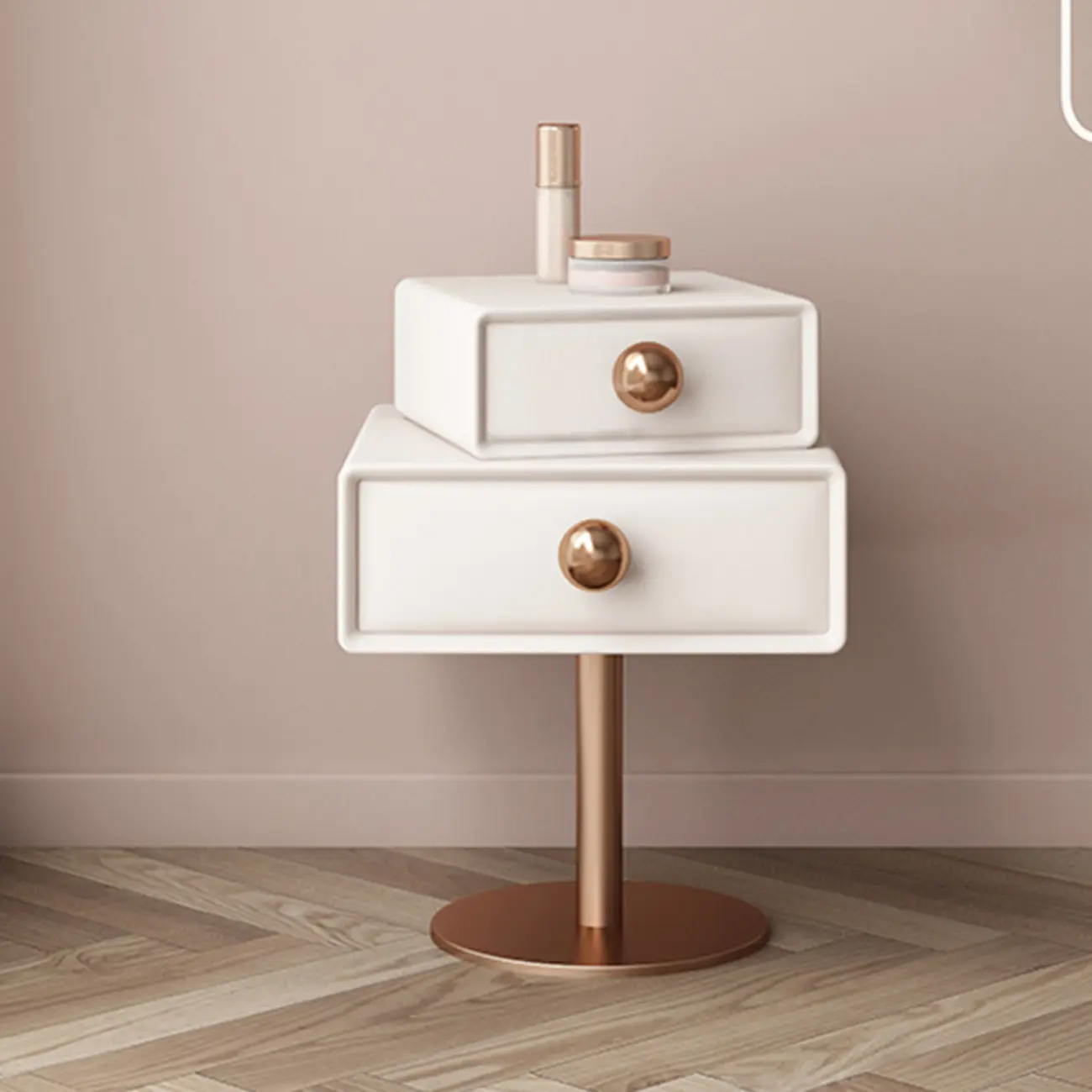 Modern Metal Faux Leather Swivel 2-Drawer Nightstand