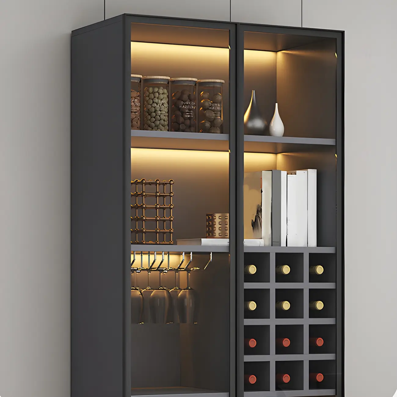 Lighting Modern Freestanding Black Wooden Wine Cabinet