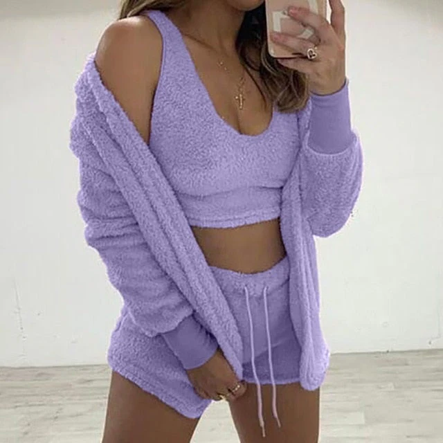 Three Piece Sexy Fluffy Outfits Plush Velvet Hooded Cardigan Coat+Shorts+Crop Top Women Tracksuit Sets Casual Sports Sweatshirt - Deanwangkt
