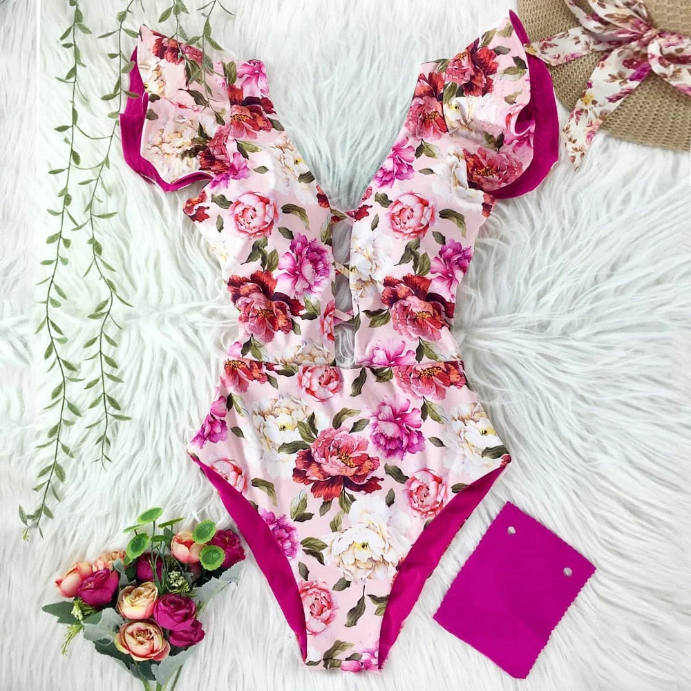 New Sexy Ruffle Print Floral One Piece Swimsuit Off The Shoulder Swimwear Women Solid Deep-V Beachwear Bathing Suit Monkini - Deanwangkt