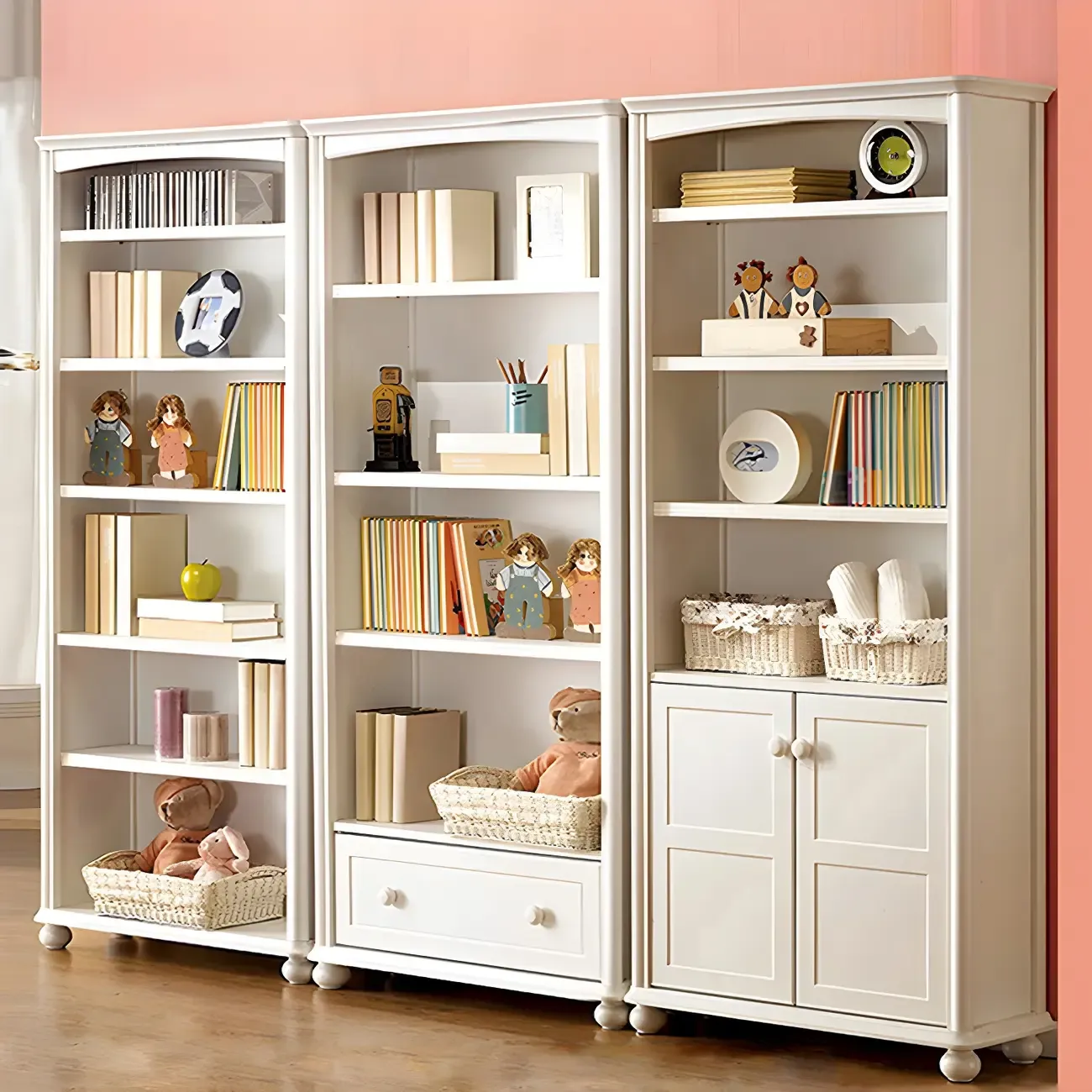 Modern White Wood Bookcase with Storage for Home Office