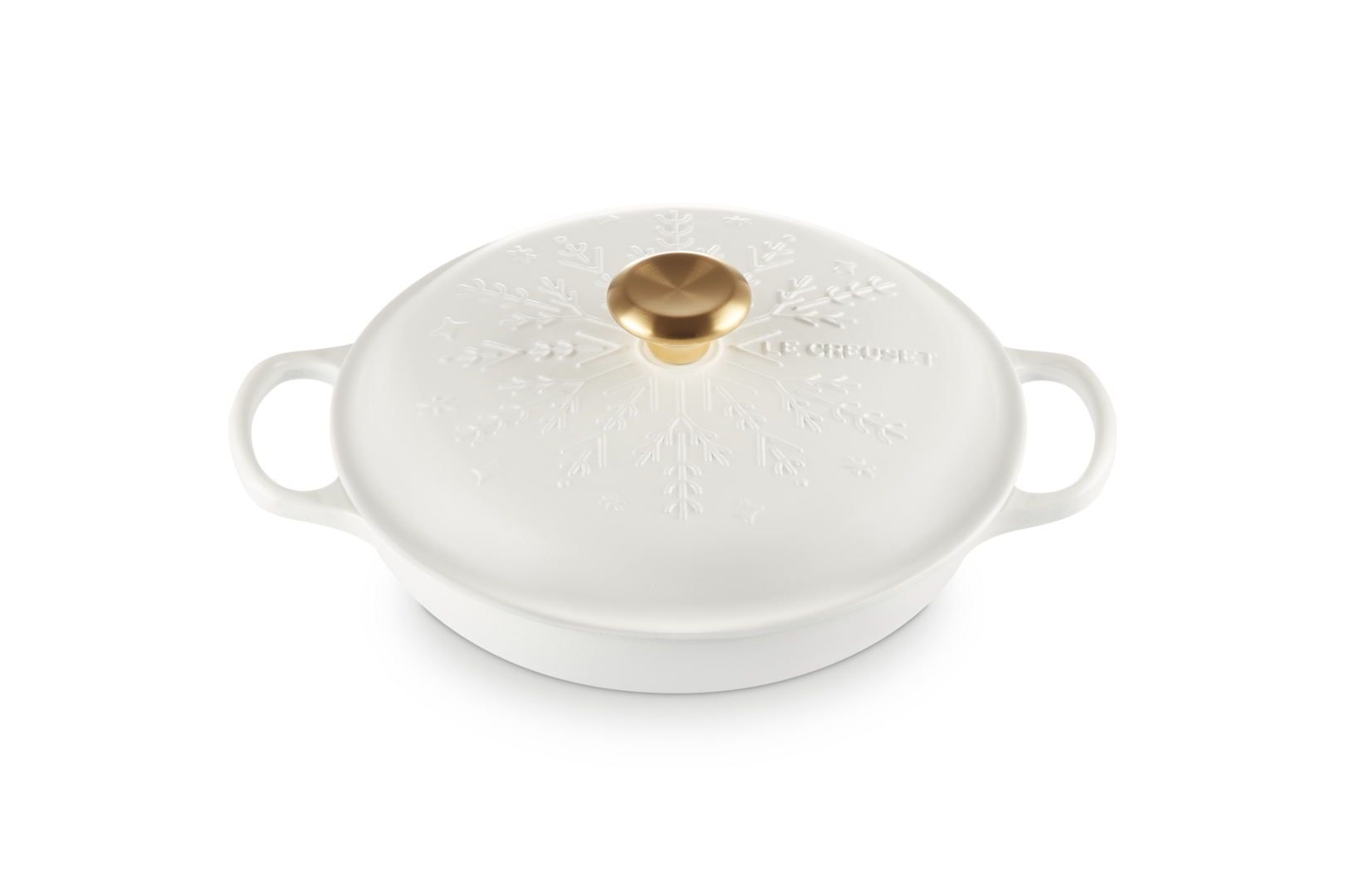 Cast Iron Shallow Casserole with Gold Knob and Snowflakes Relief