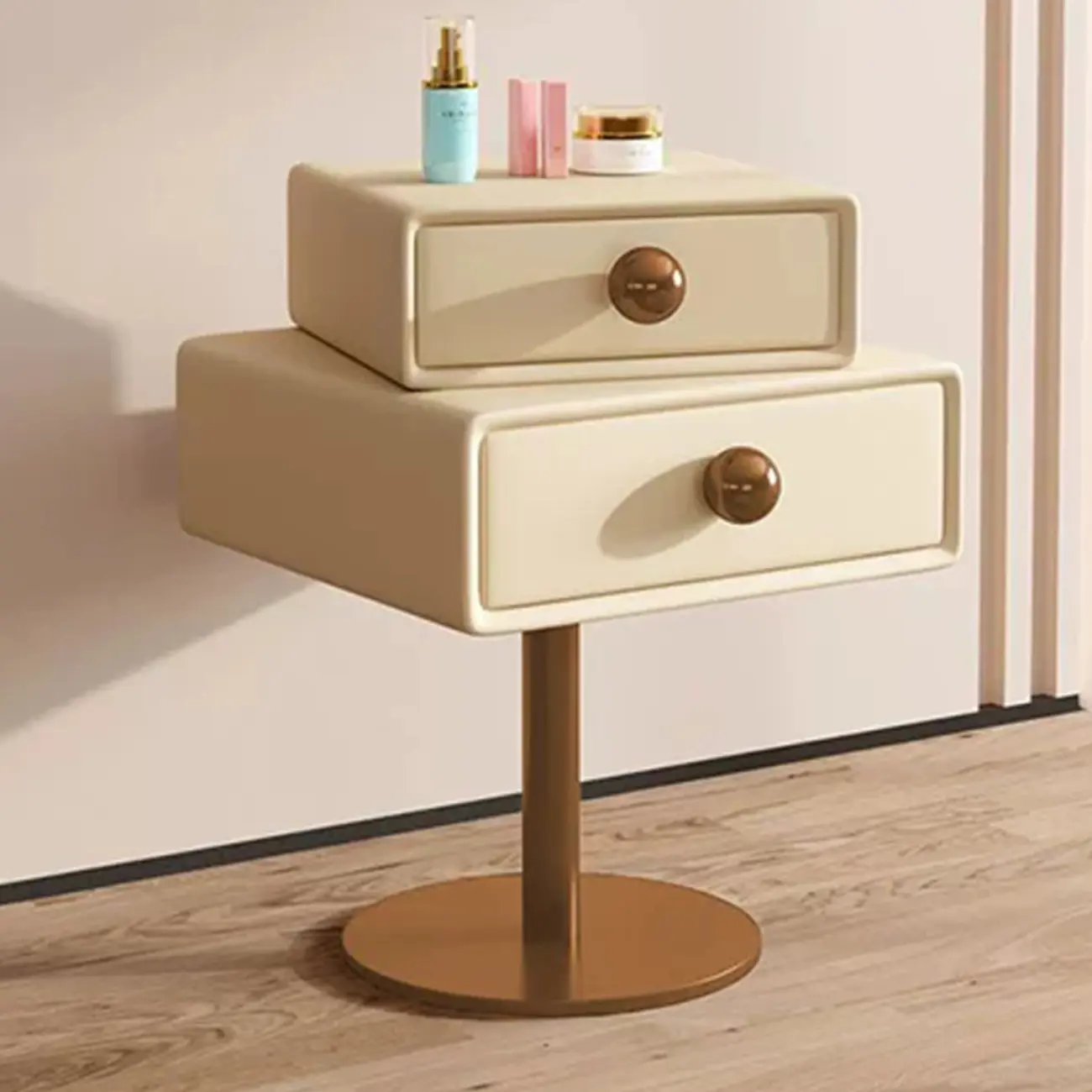 Modern Metal Faux Leather Swivel 2-Drawer Nightstand