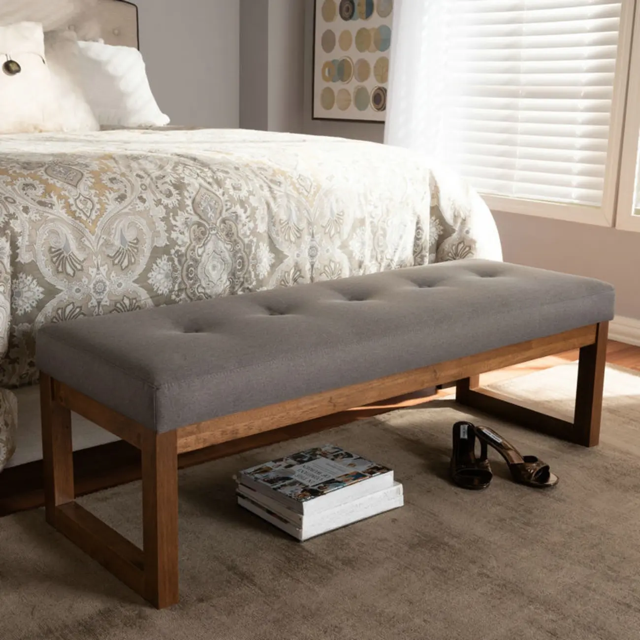 Traditional Upholstered Gray Bedroom Bench Wood Frame