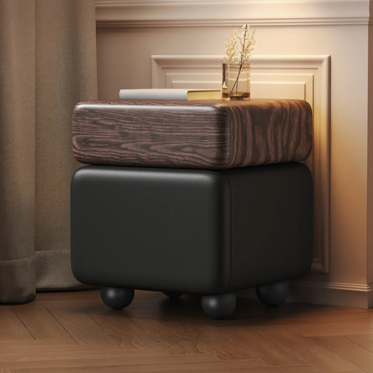 Black Walnut Finish Faux Leather 2-Drawer Nightstand