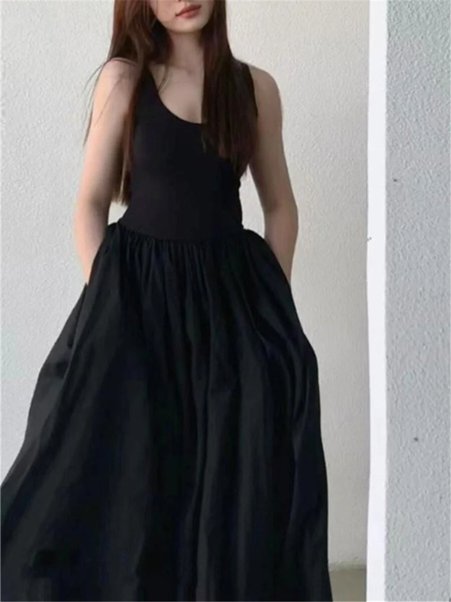 Black Long Tank Dress Women Spring Summer O Neck Floor-length Office Lady Casual Pockets Dresses  New Female Clothing - Deanwangkt