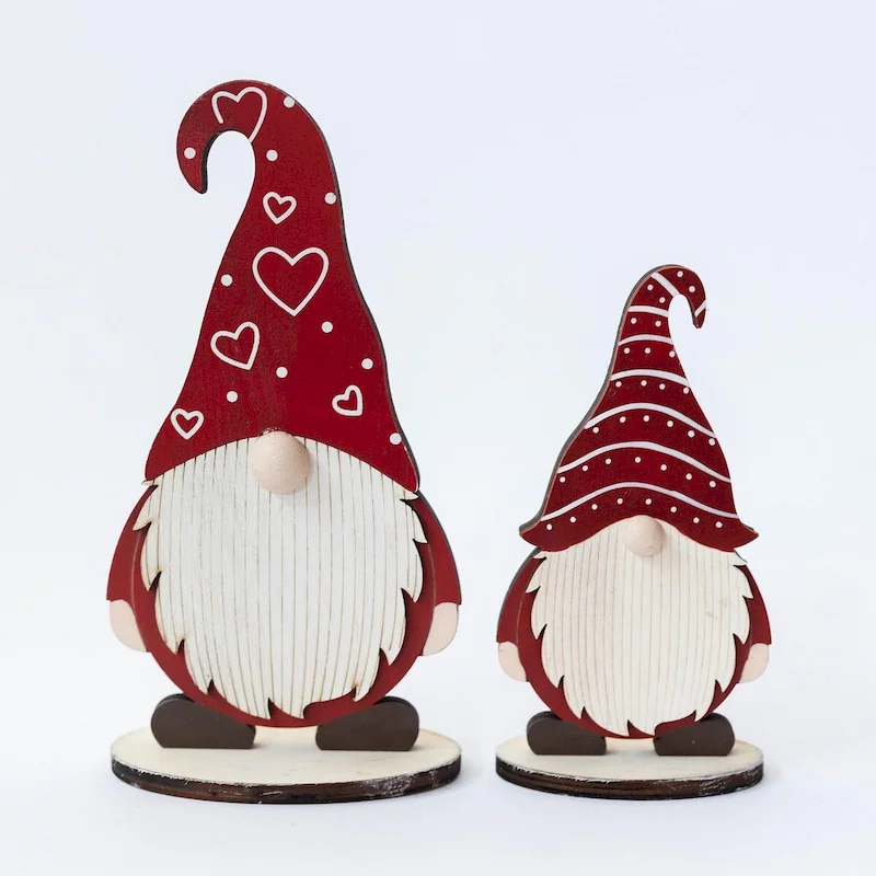 Set Of 2 Wooden Santa Gnomes On Wood Base Decoration