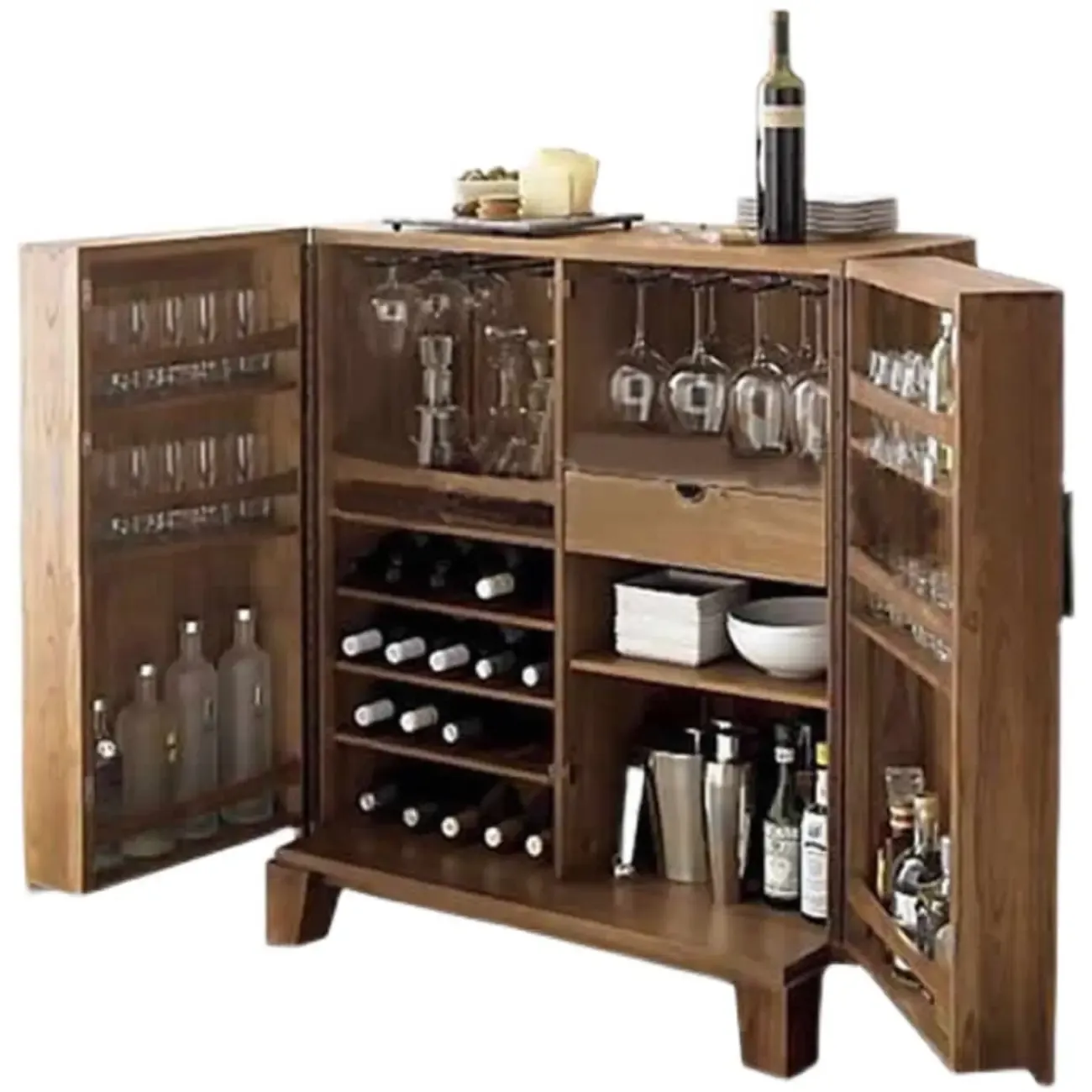 Solid Wood Farmhouse Brown Bar Cabinet Wine Rack