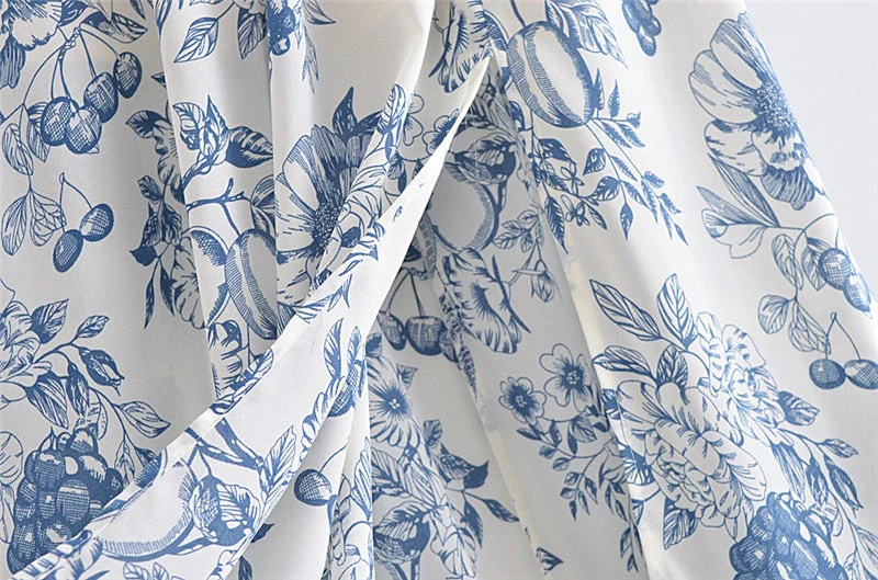 Hulianfu New Summer Women Vintage Fruit Floral Print Square Neck Puff Sleeves Elastic Sexy Side Slit Long  Midi Dress - Deanwangkt